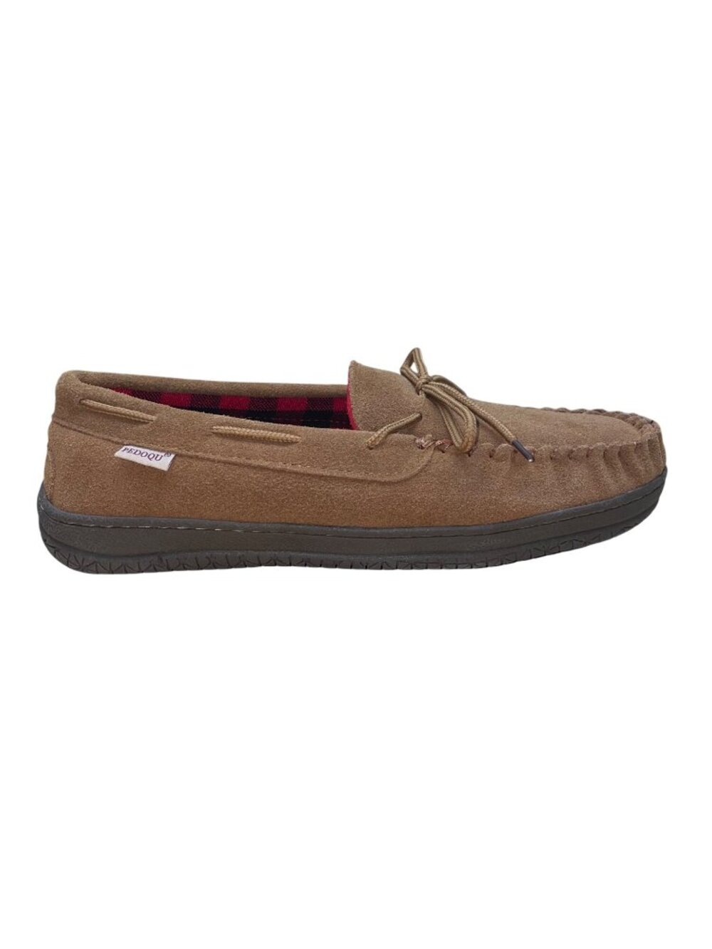 Pedoqu Men’s Brown Suede Red Plaid Flannel Lining Moccasin Slippers Size 9US
